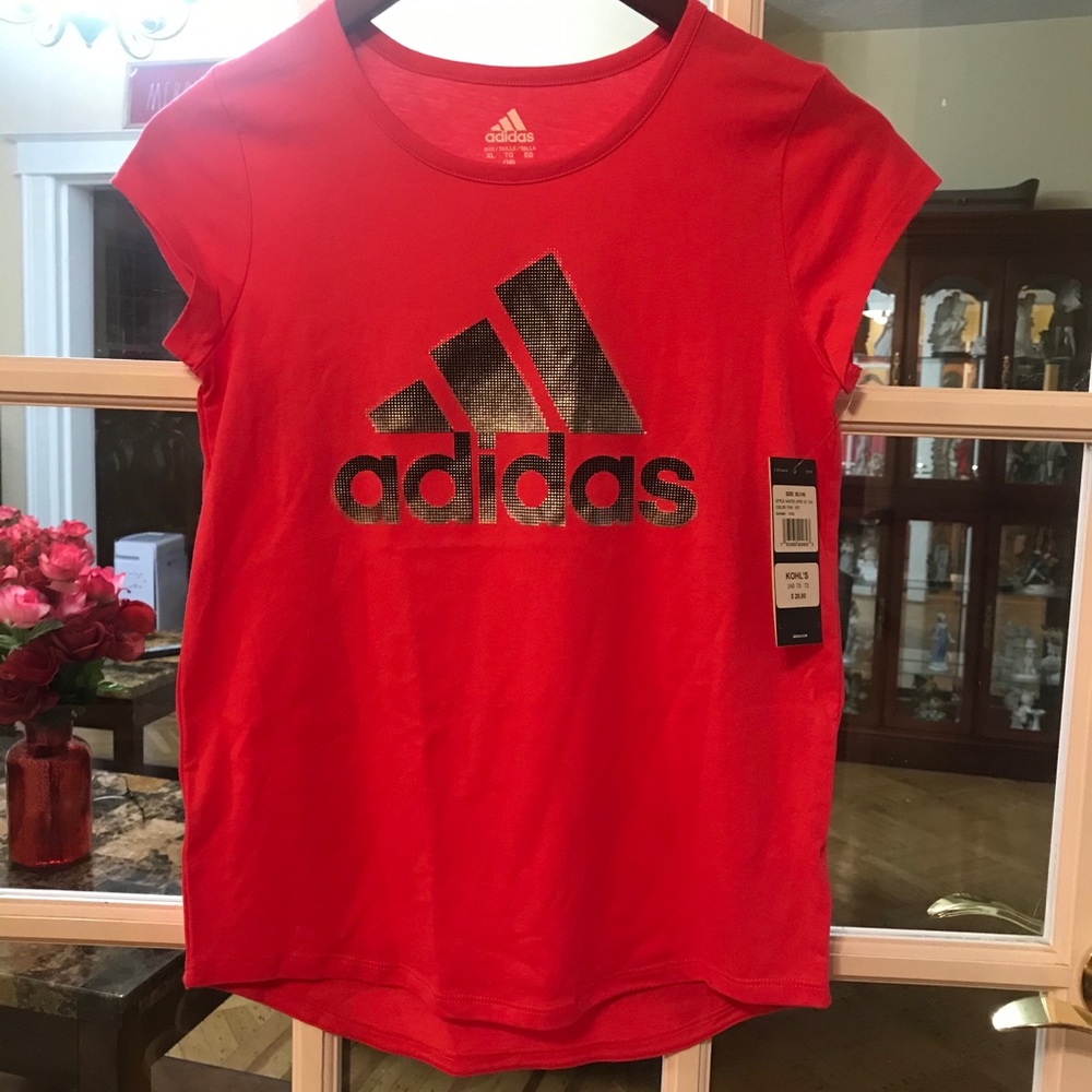 Adidas girls XL 16  pink t shirt with silver never been worn